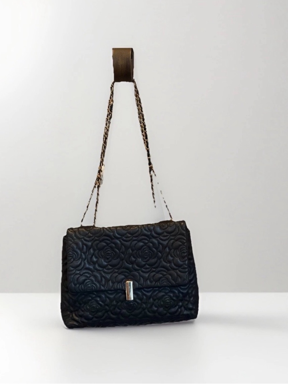 Black Quilted Floral Chain Shoulder Bag